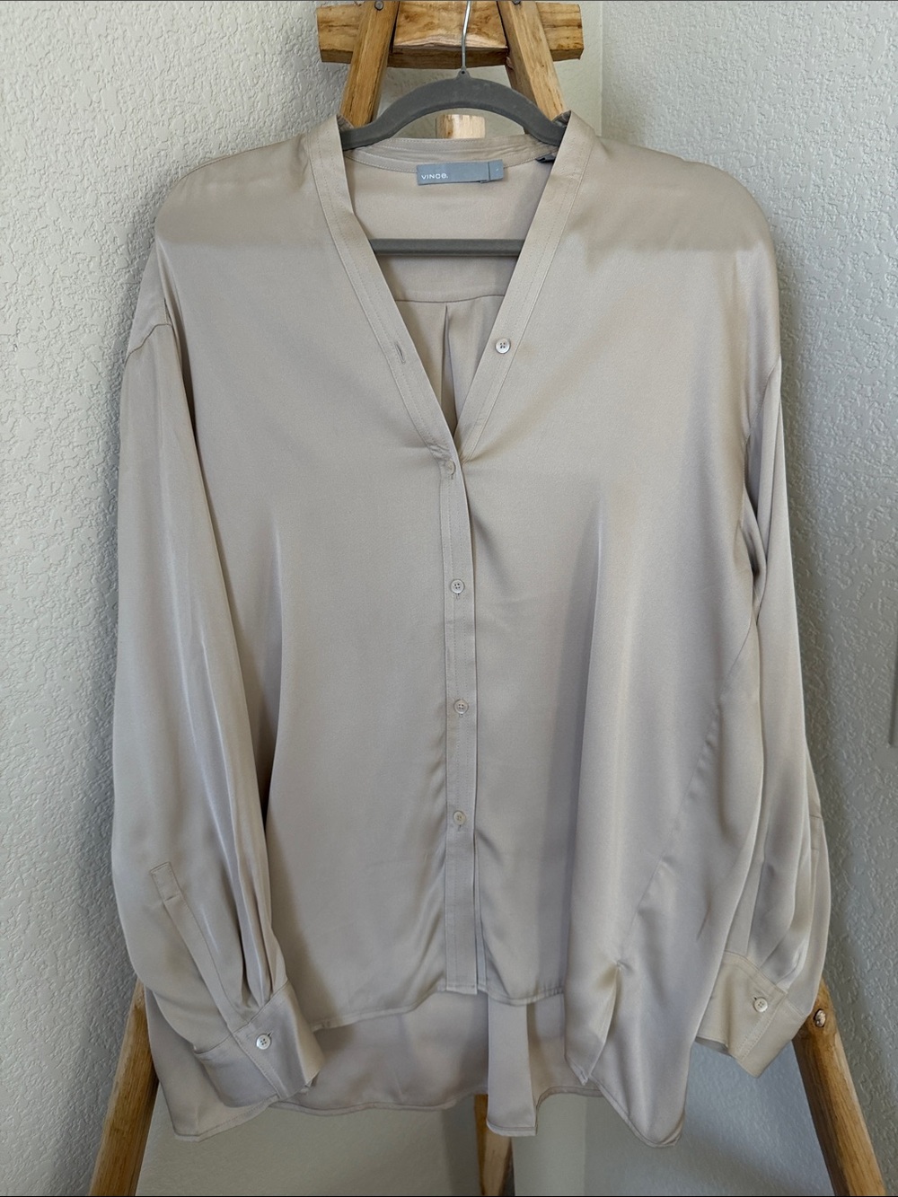 Vince Sandstone Silk Satin Button-Front V-Neck Blouse